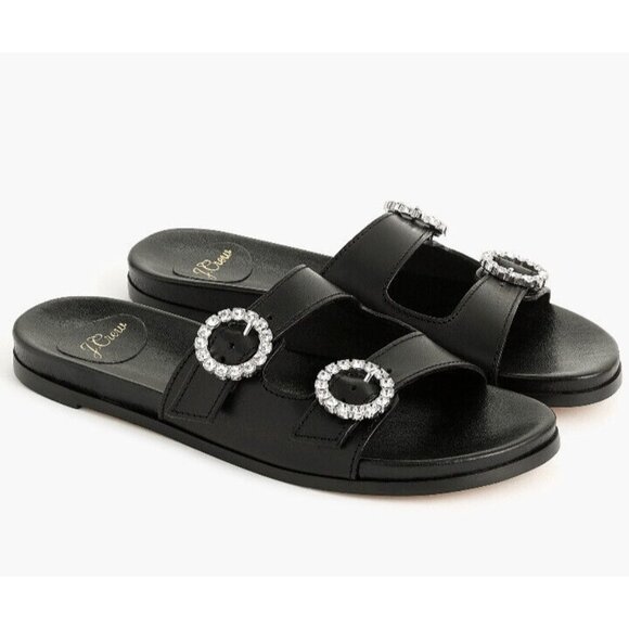 J.CREW Bedford Black Leather Two Straps Slide Sandals Rhinestone Detail Size 8 - Picture 1 of 6